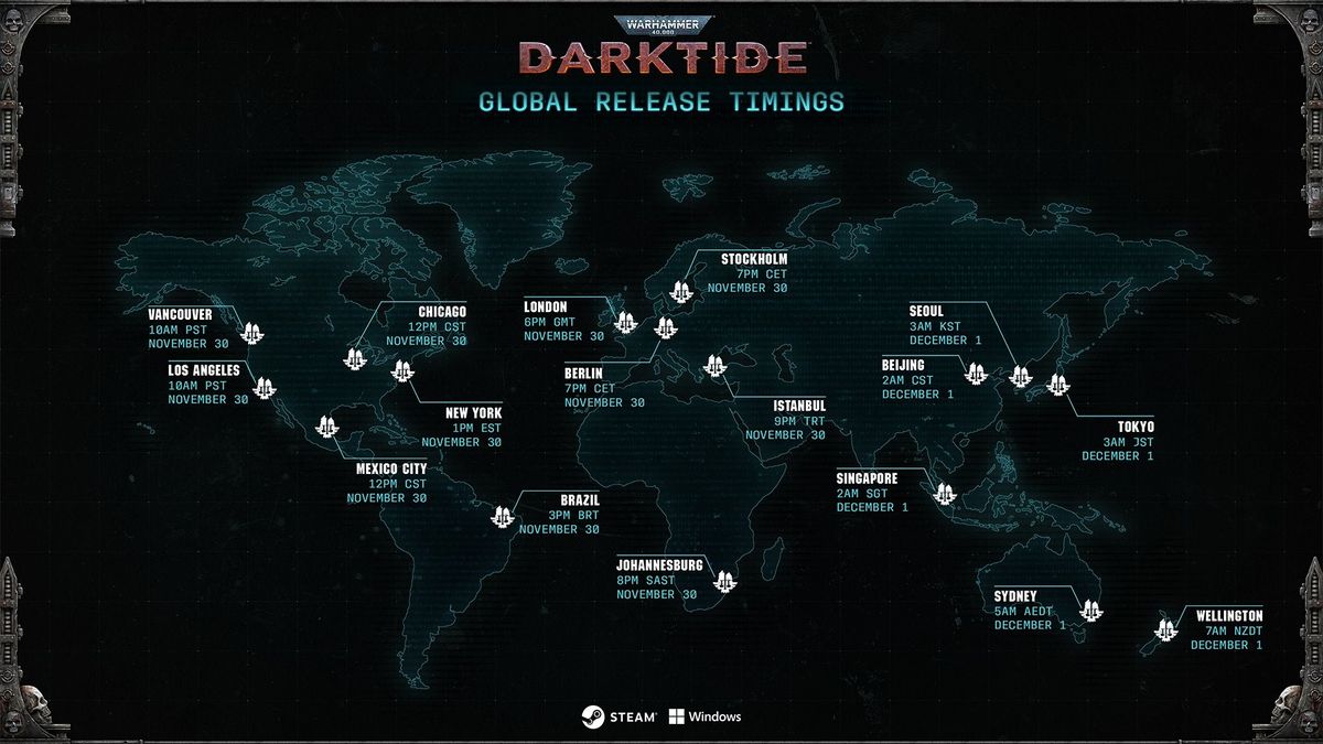 Here are the Darktide release times for each region