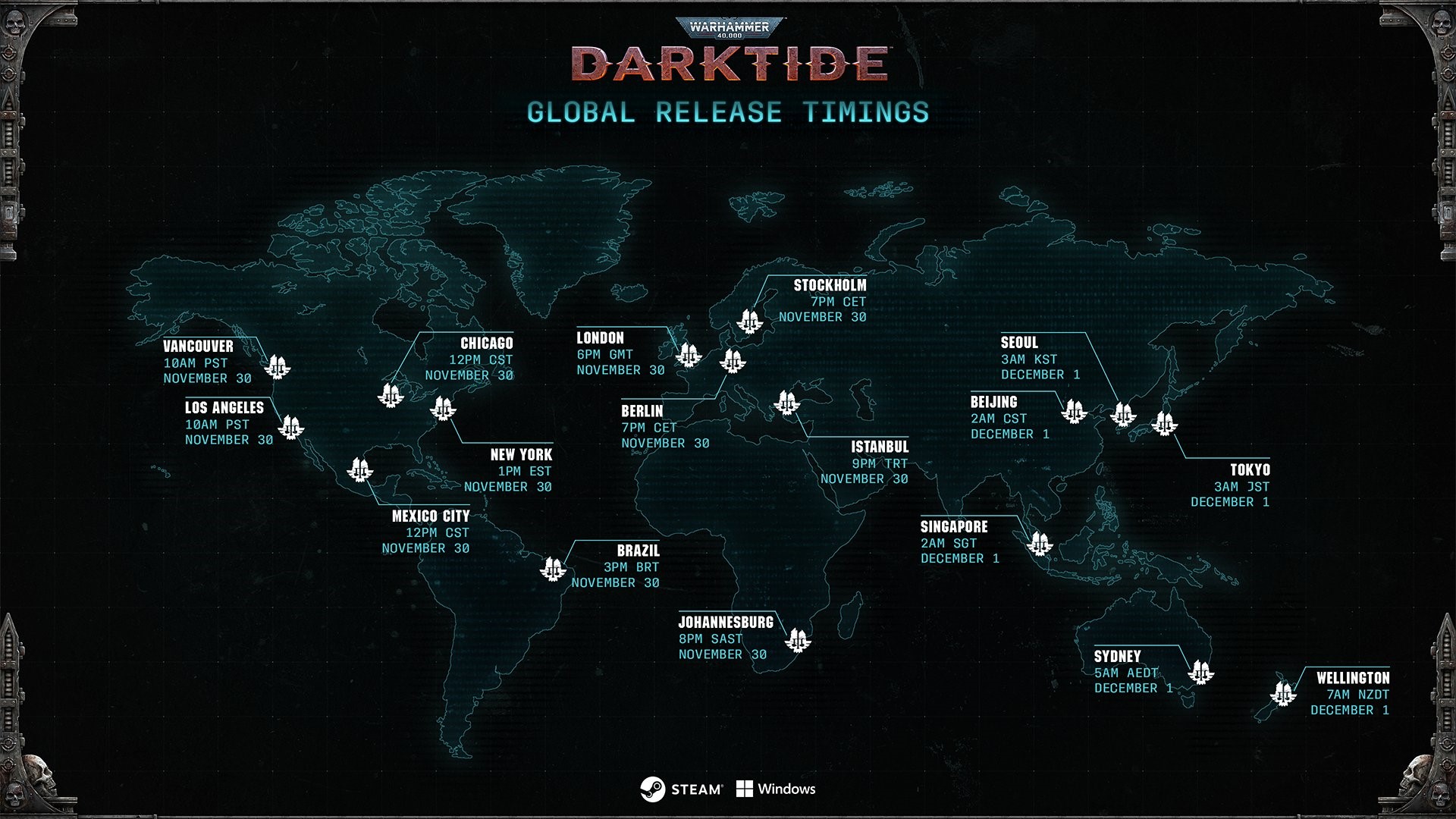 Darktide release times map with all regions