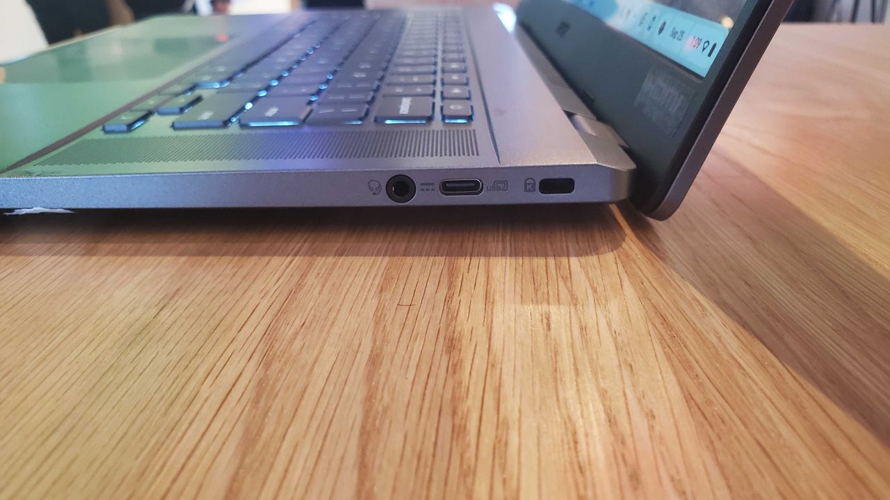 Chromebook Plus laptop on wooden table