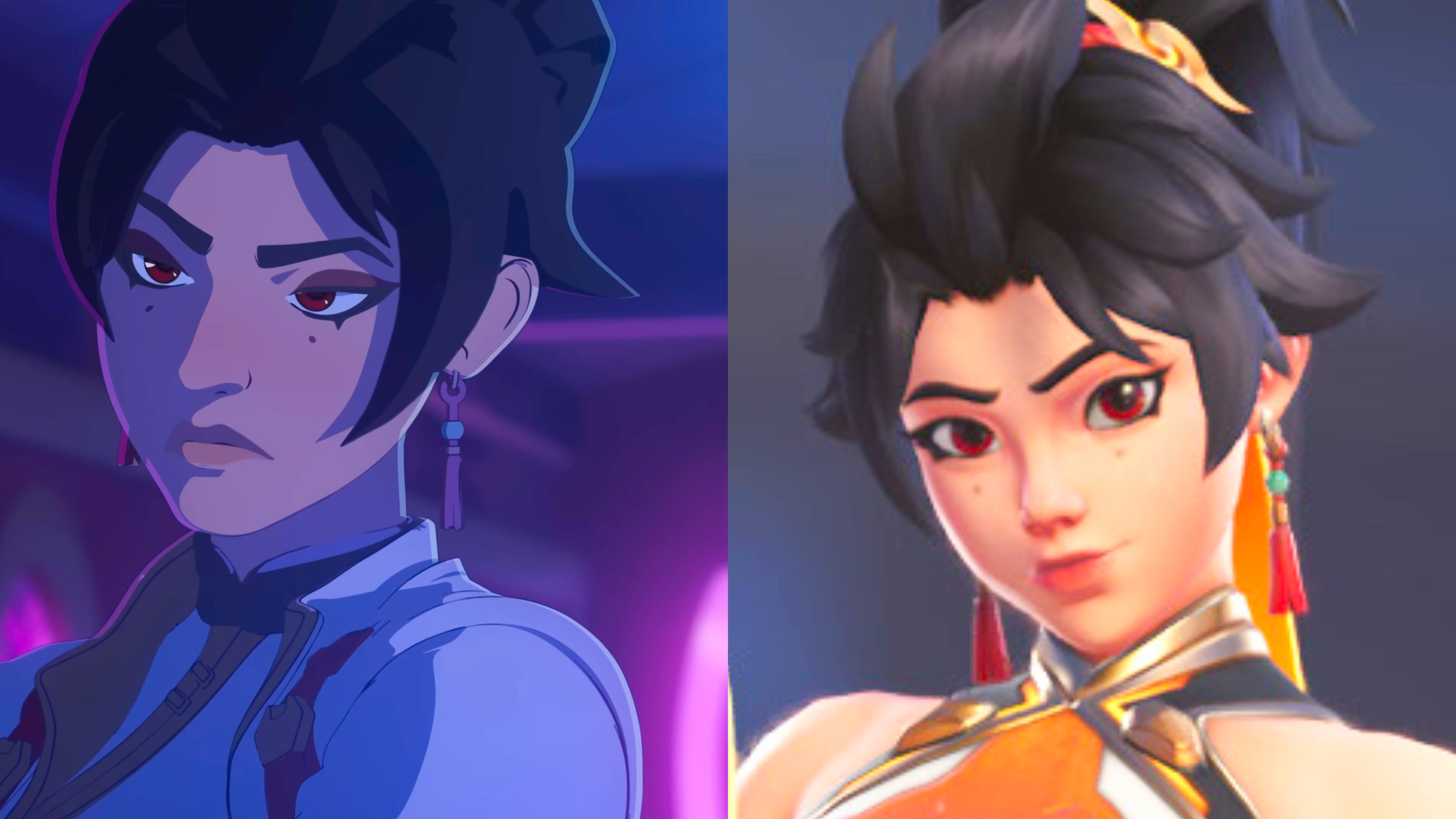 A side by side comparison of Overwatch hero Anran as depicted in the Elemental Kin short and in-game. A dark-haired Chinese woman with red eyes looks unhappy on the left. On the right, her in-game model is brighter, with a smaller nose, and an overall younger-looking face.