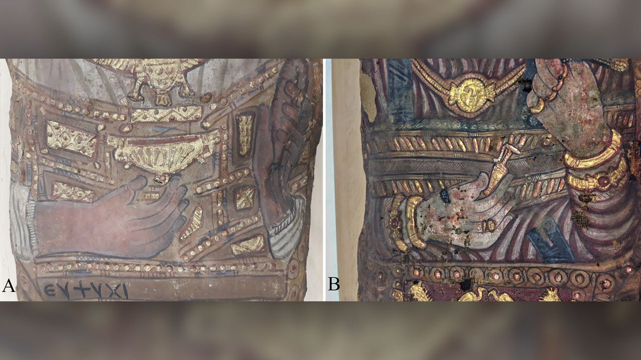The male (left) hold a golden cup and flowers, while the female (right) holds a lekythos, a Greek vessel for oil.