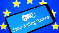UKRAINE - 2025/07/16: In this photo illustration, a Stop Killing Games (SKG) logo of a consumer movement and initiative with the goal of preserving video games after they are taken offline, is seen on a smartphone screen and the European Union (EU) flag in the background. (Photo Illustration by Pavlo Gonchar/SOPA Images/LightRocket via Getty Images)