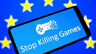 UKRAINE - 2025/07/16: In this photo illustration, a Stop Killing Games (SKG) logo of a consumer movement and initiative with the goal of preserving video games after they are taken offline, is seen on a smartphone screen and the European Union (EU) flag in the background. (Photo Illustration by Pavlo Gonchar/SOPA Images/LightRocket via Getty Images)