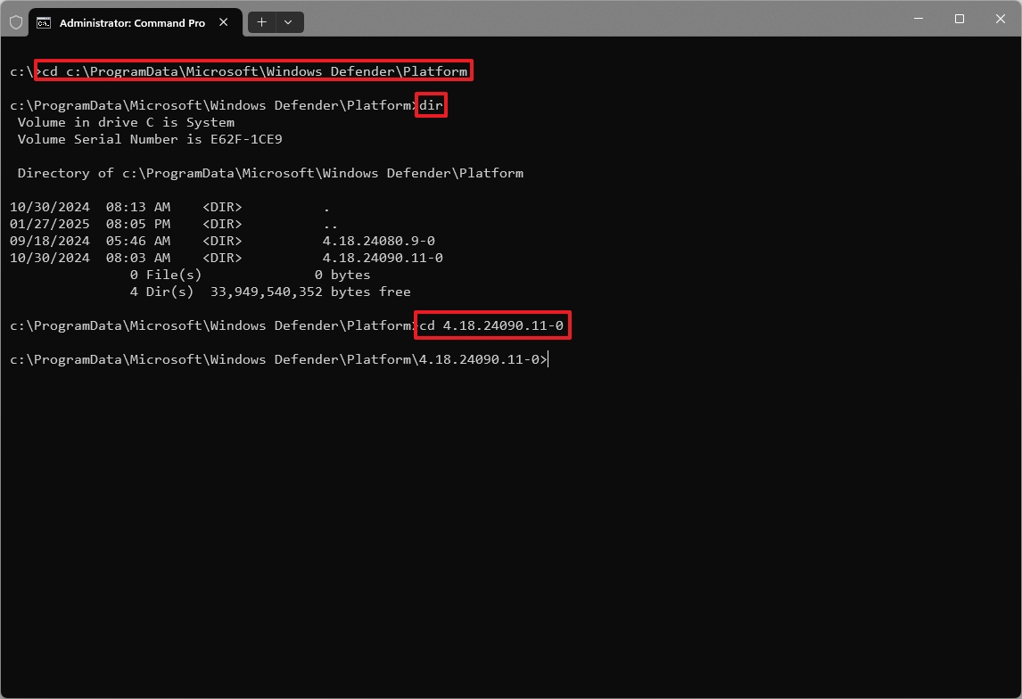 Command Prompt Microsoft Defender path