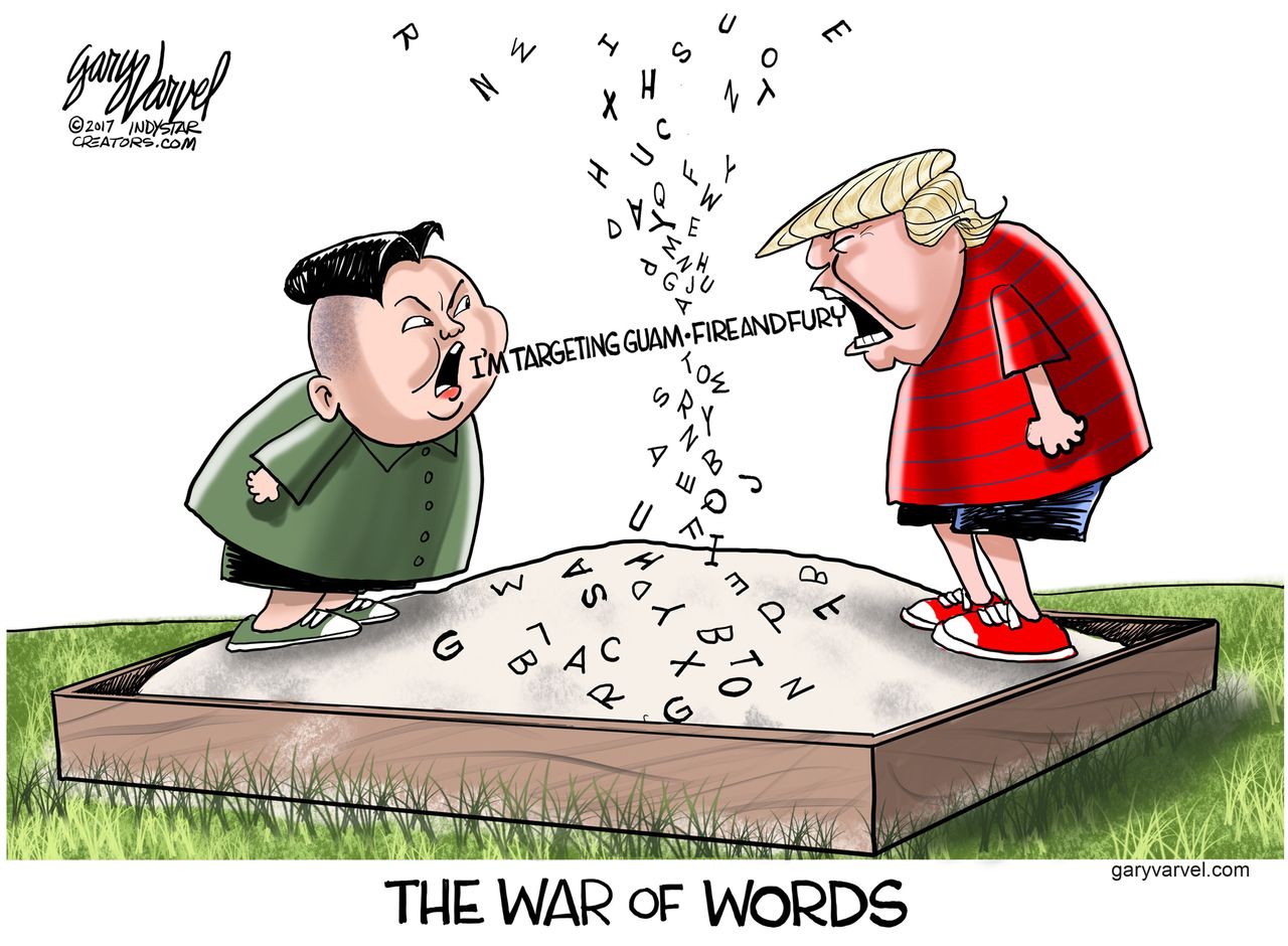 Political cartoon U.S. Trump Kim Jong Un nuclear threat Guam