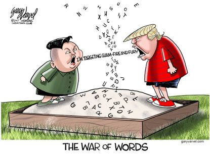 Political cartoon U.S. Trump Kim Jong Un nuclear threat Guam