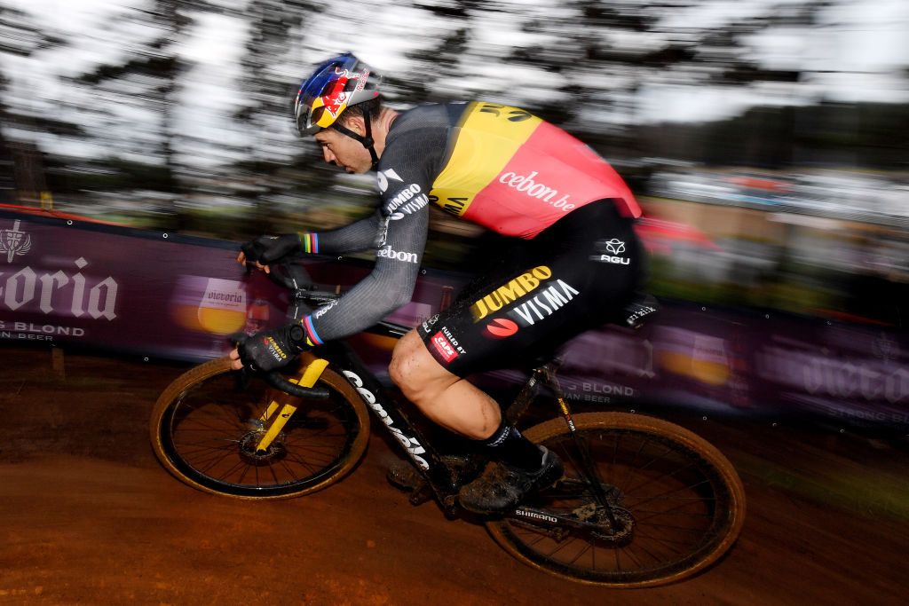 ZOLDER BELGIUM DECEMBER 27 Wout Van Aert of Belgium and Team JumboVisma competes during 17th Superprestige HeusdenZolder 2021 Mens Elite SuperprestigeCX SPHeusdenZolder on December 27 2021 in Zolder Belgium Photo by Luc ClaessenGetty Images