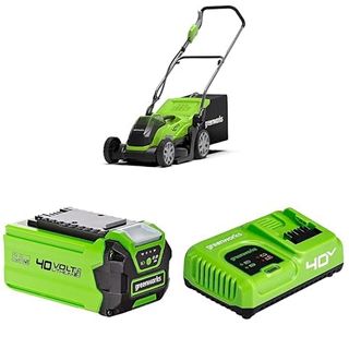 Bundle of Greenworks G40lm35 Cordless Lawnmower for Lawns Up to 400m² + 2 X Greenworks 40v Battery. G40b2 + Greenworks 40v Battery Charger. 40v 5a Rapid Charger G40uc5