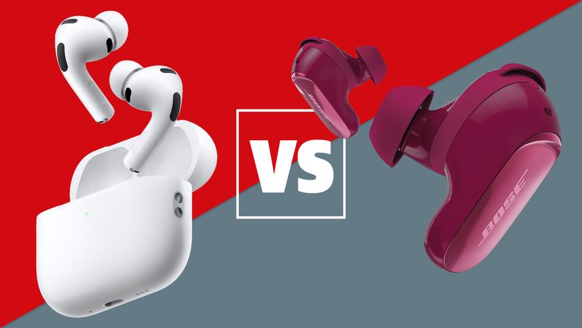 The AirPods Pro 3 and Bose QuietComfort Ultra Earbuds (2nd Gen) on a red and grey background with a white versus sign between them.
