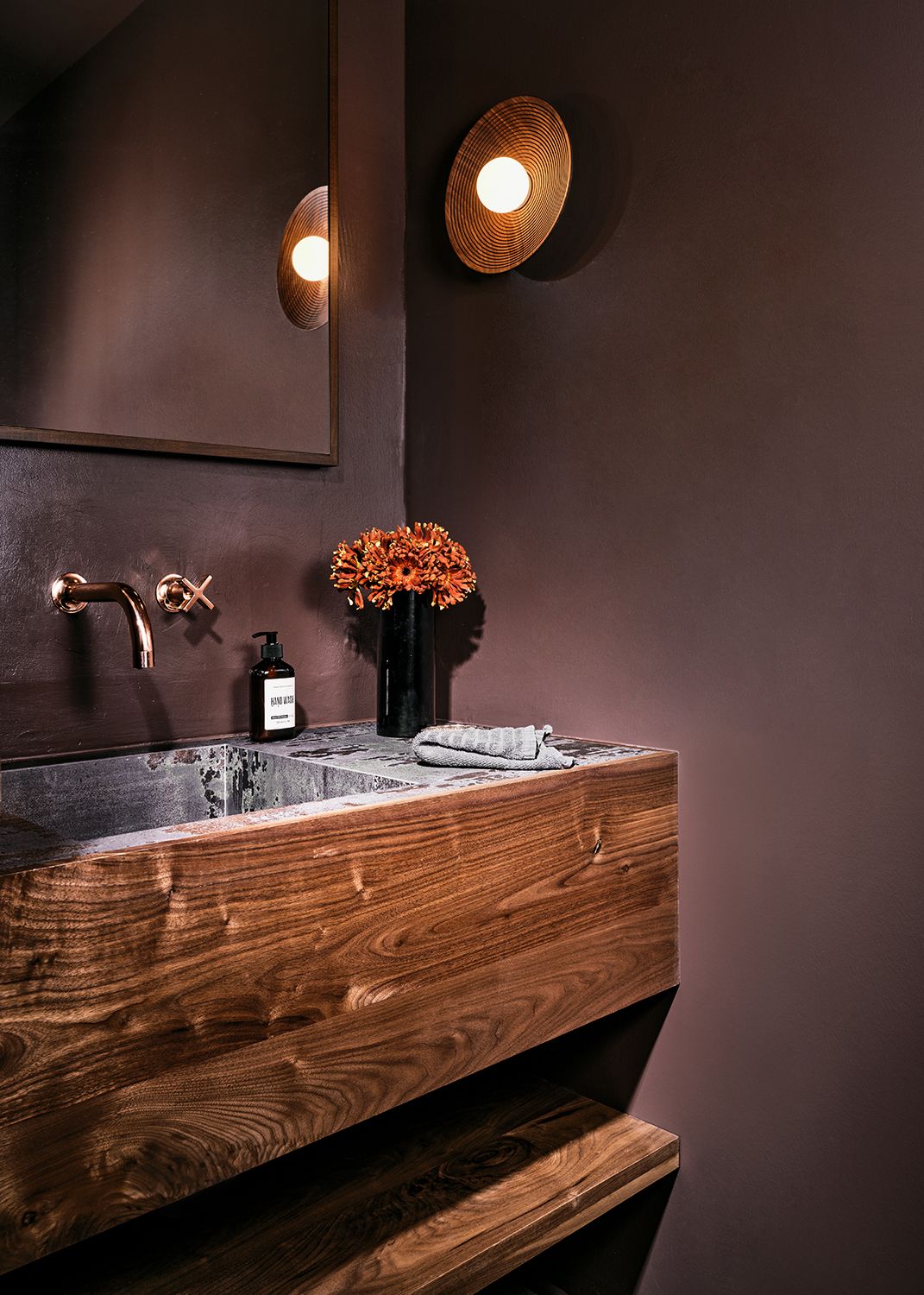 modern bathroom with walnut vanity unit