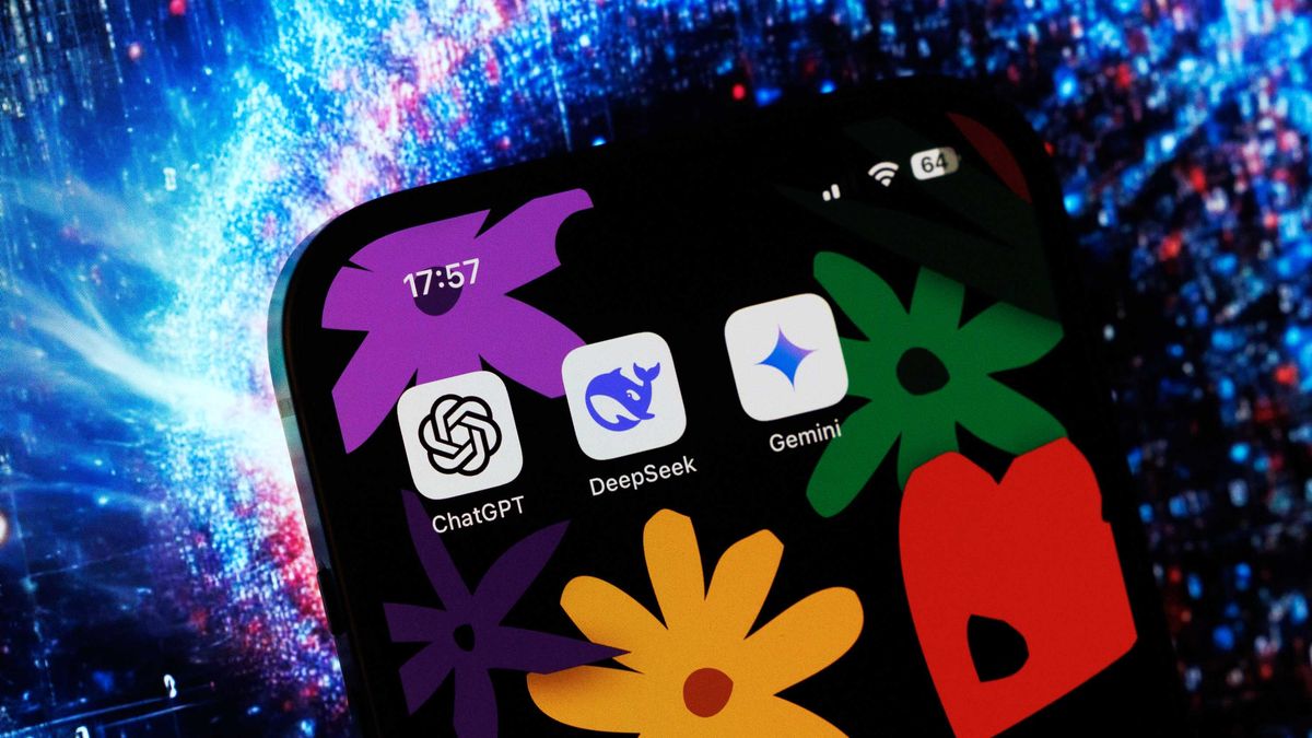 Artificial intelligence mobile app icons for DeepSeek, ChatGPT and Google Gemini arranged on a smartphone.