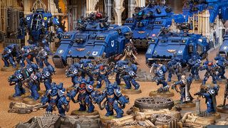 A collection of Ultramarines miniatures.