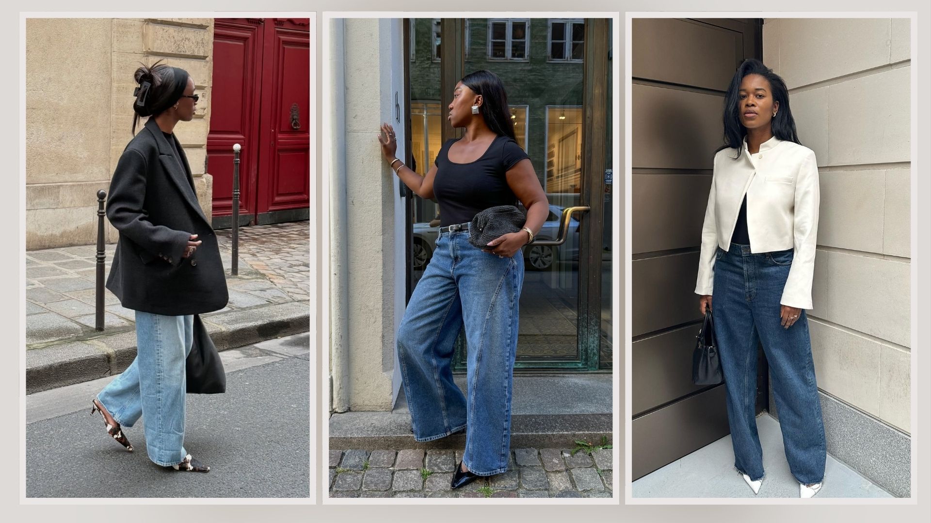 Collage of influencers wears wide-leg jeans with pointed toe jeans and blazers, tops and jackets.
