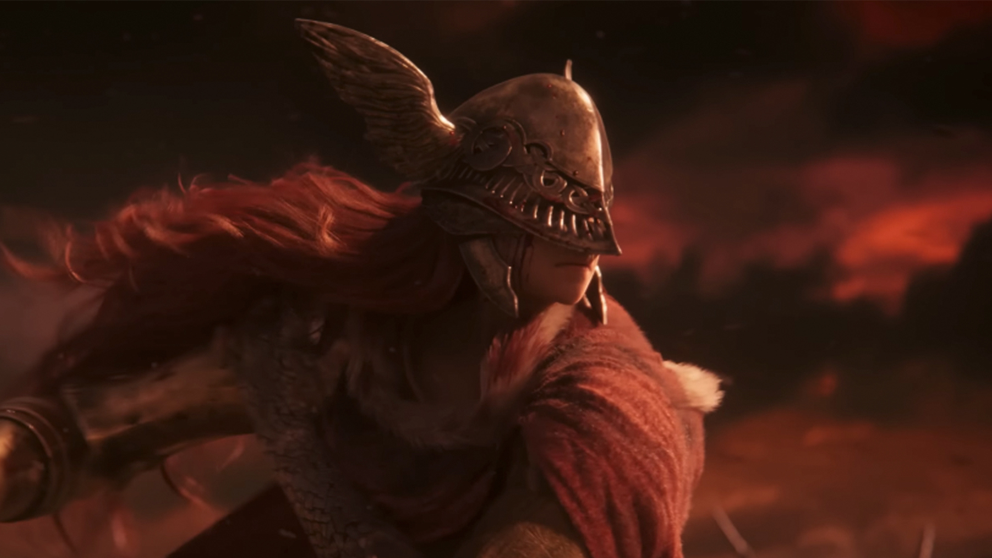 A character in Elden Ring with a helmet on, with a red background