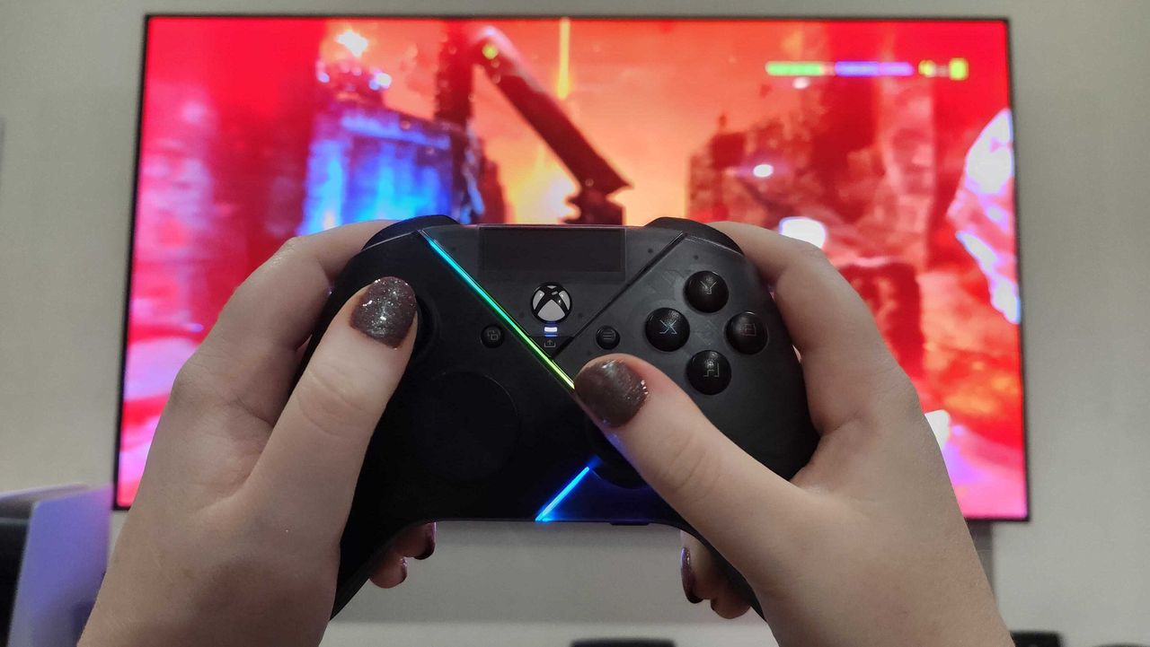 Asus ROG Raikiri controller on a colourful background