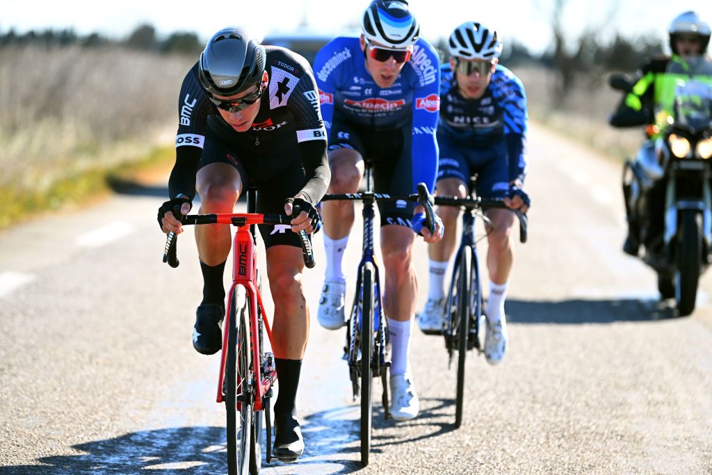 BELLEGARDESURVALSERINE FRANCE FEBRUARY 01 Simon Pellaud of Switzerland and Tudor Pro Cycling Team competes in the breakaway prior to the 53rd Etoile de Besseges Tour Du Gard 2023 Stage 1 a 16218km stage from Bellegarde to Bellegarde EDB2021 on February 01 2023 in BellegardesurValserine France Photo by Luc ClaessenGetty Images