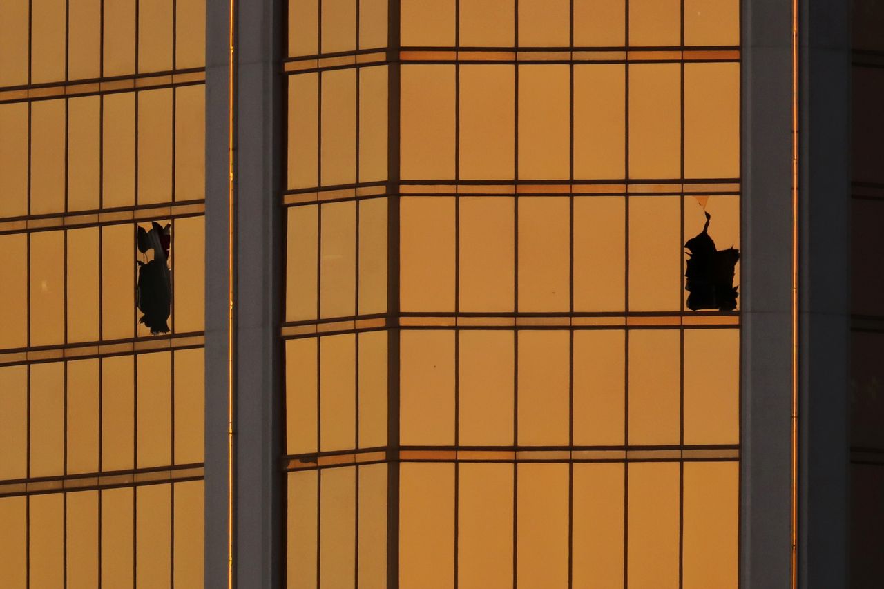 The broken windows of the Mandalay Bay hotel in Las Vegas.