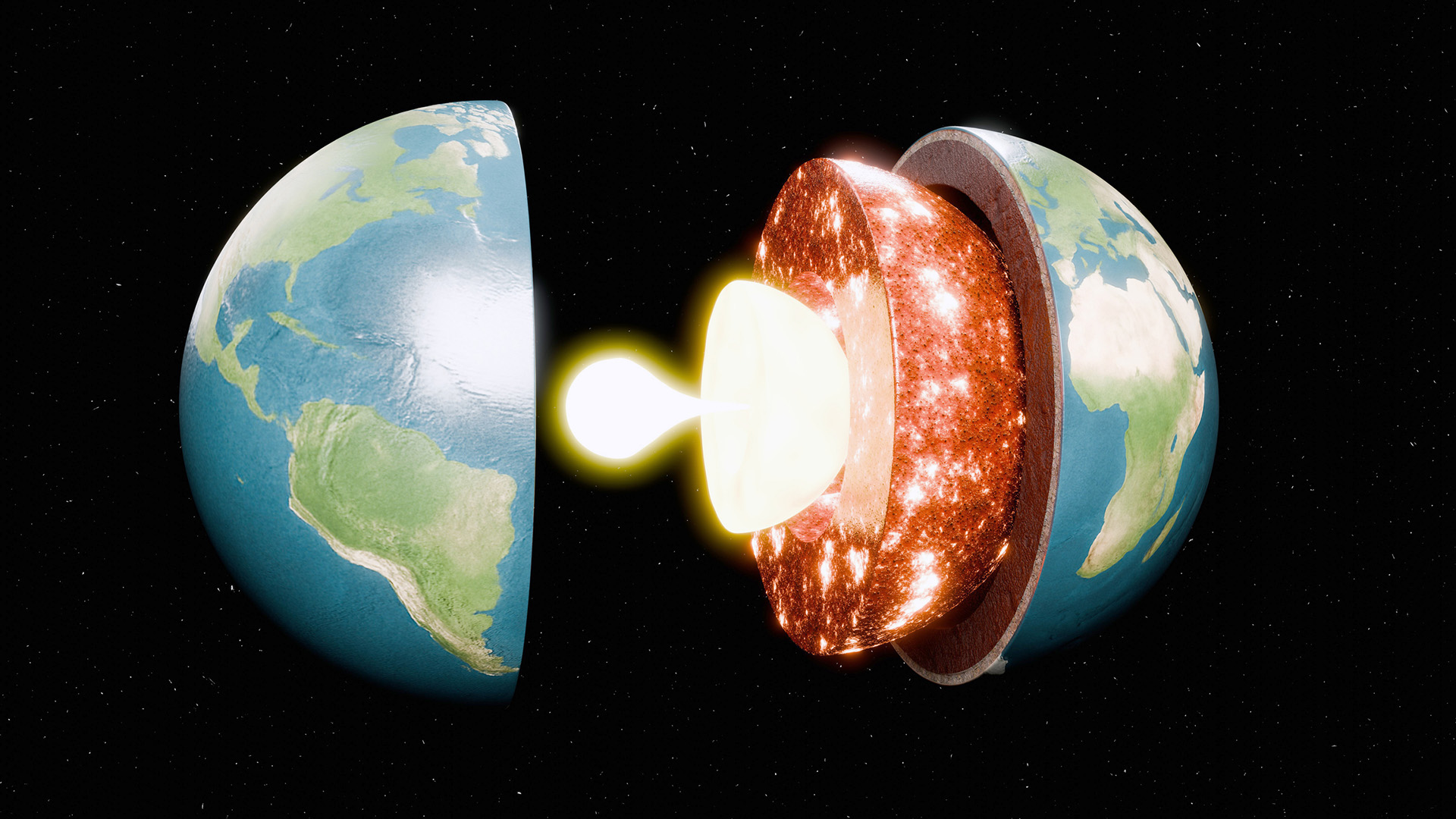 An illustration of Earth splitting apart, showing its inner layers as they glow orange and white, getting hotter and smaller.