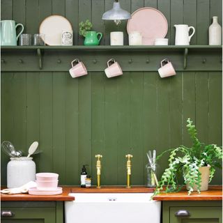 kitchen with green panelled walls and cabinets, a white butler sink and green shelving with mugs