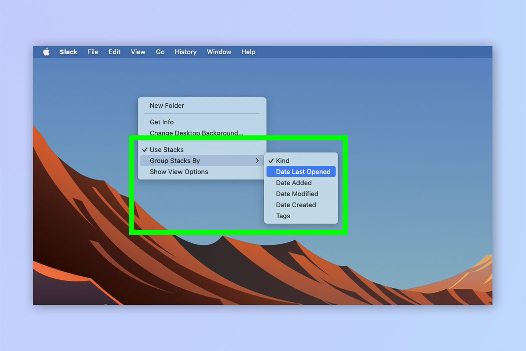 Снимок экрана, показывающий, как использовать стеки рабочего стола на Mac