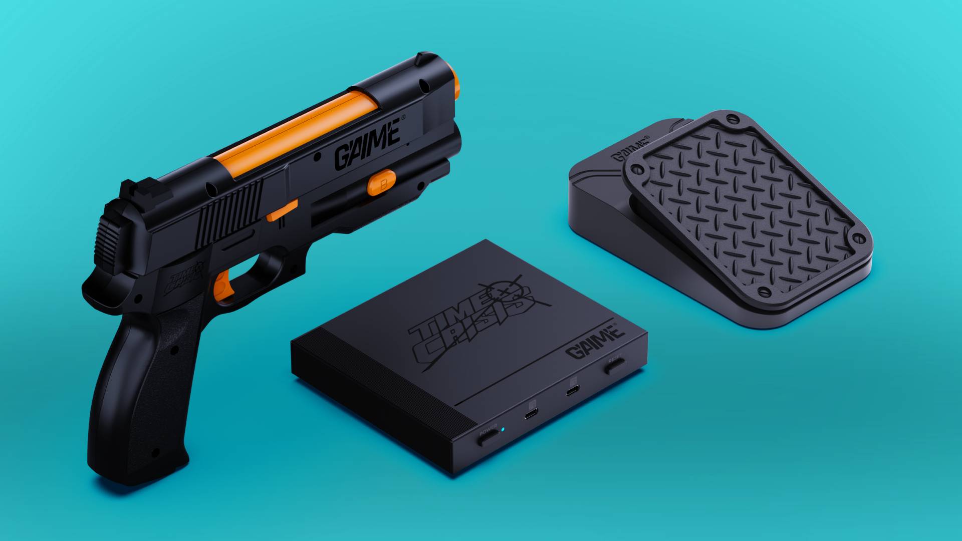 Black G'aim'e Time Crisis bundle with gun, peddle, and main box on blue backdrop.