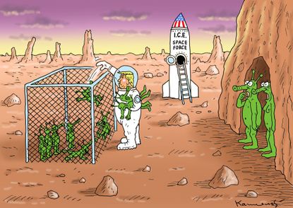 Political cartoon U.S. border crisis family separation immigration Trump ICE Space Force