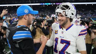 Jared Goff of the Detroit Lions shakes hands with Josh Allen of the Buffalo Bills after the Bills 48-42 win at Ford Field on December 15, 2024 in Detroit, Michigan