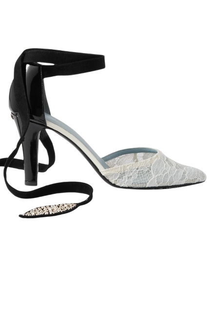 Valentino Garavani , 85 Embellished Suede-Trimmed Corded Lace and Patent-Leather Pumps