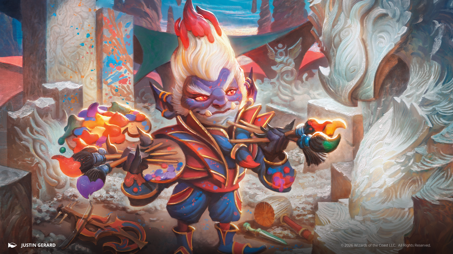 A purple creature smiles while holding a paint palette