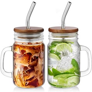 Drastar Mason Jar Cups With Lids and Straws, 16oz Mason Jar With Handle, Iced Coffee Glasses Cups, Glass Cups With Acacia Wood Lids, Mason Jar Drinking Glasses Cups Set of 2