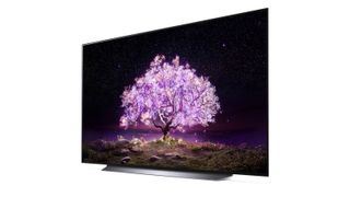 LG C1 OLED on a white background displaying a purple tree