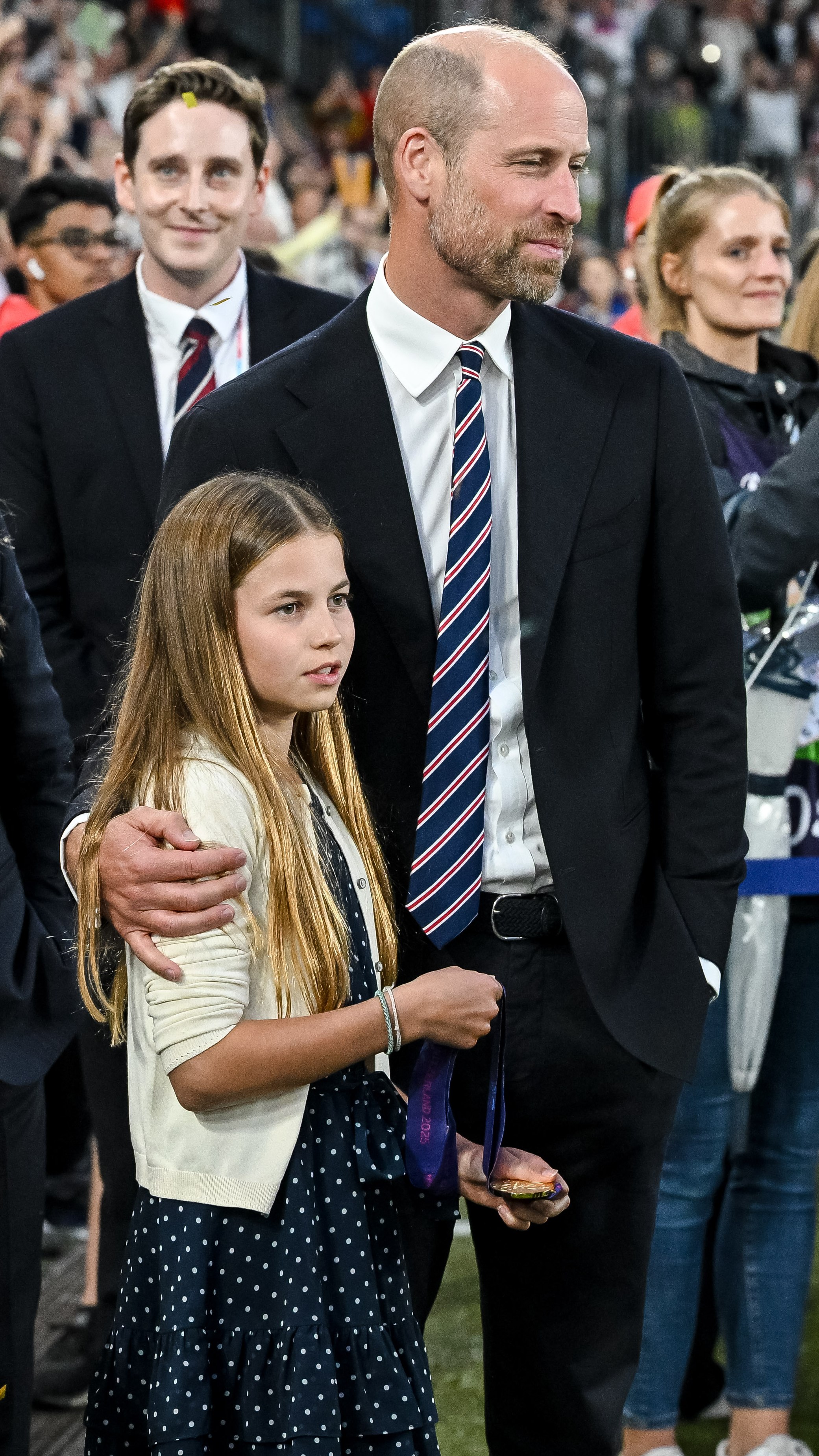 Charlotte of Wales and William, Prince of Wales look on after the UEFA Women's EURO 2025 Final match between England and Spain at St. JakobPark on July 27, 2025