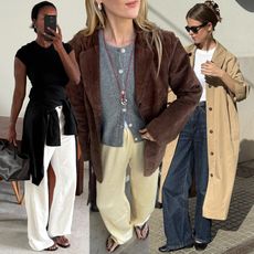 collage of style influencers Marilyn Nwawulor-Kazemaks, Chloe Butler, and Clara Dyrhauge wearing rich-looking fall outfits with T-shirts, a cardigan sweater, brown suede jacket, trench coat, jeans, flip-flop sandals, and ballet flats