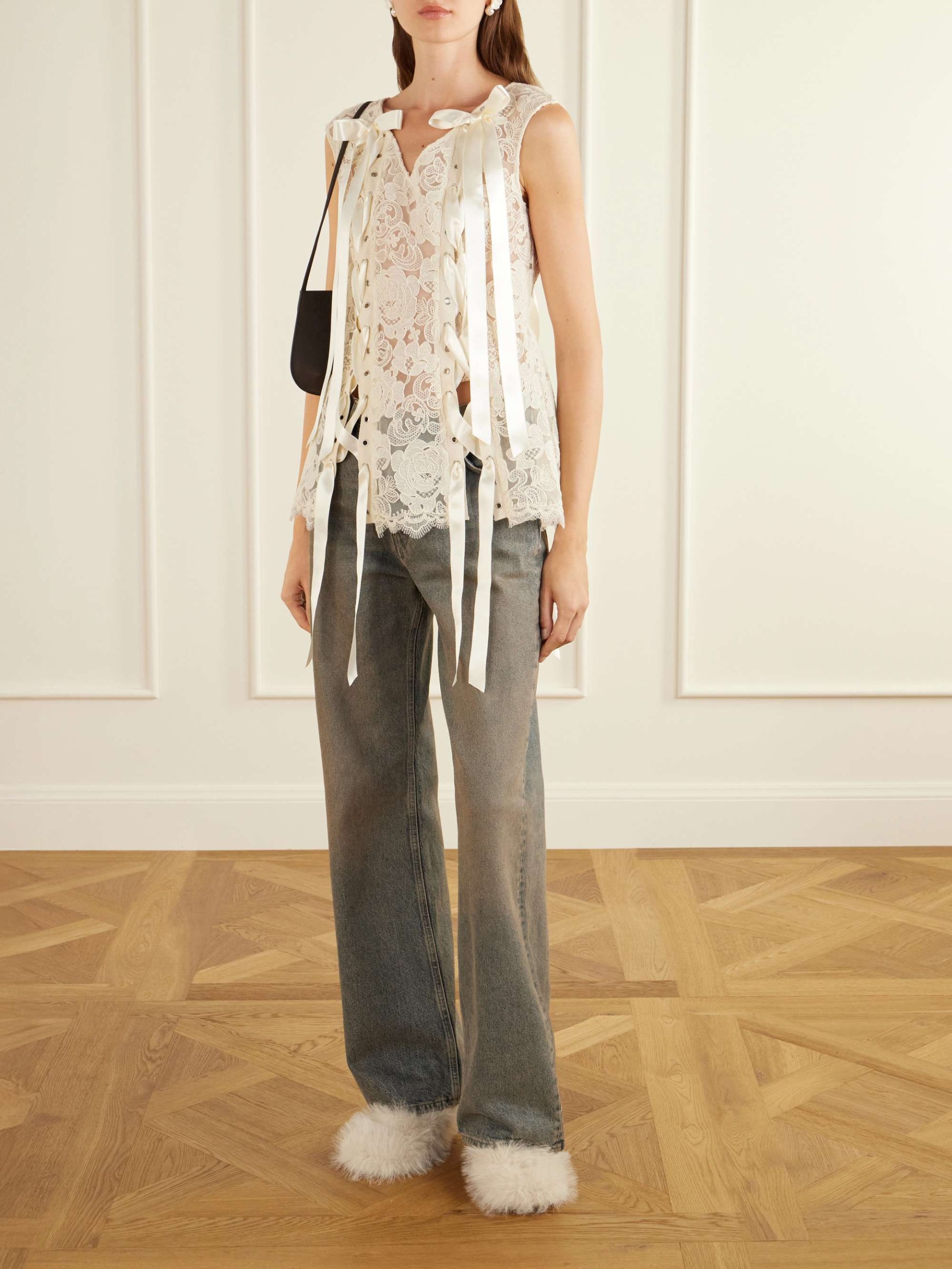 Unraveling Ribbon Portrait Bow-Detailed Lace Top