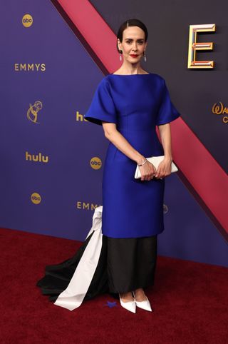 Sarah Paulson wears a blue dress at the 2024 Emmys red carpet