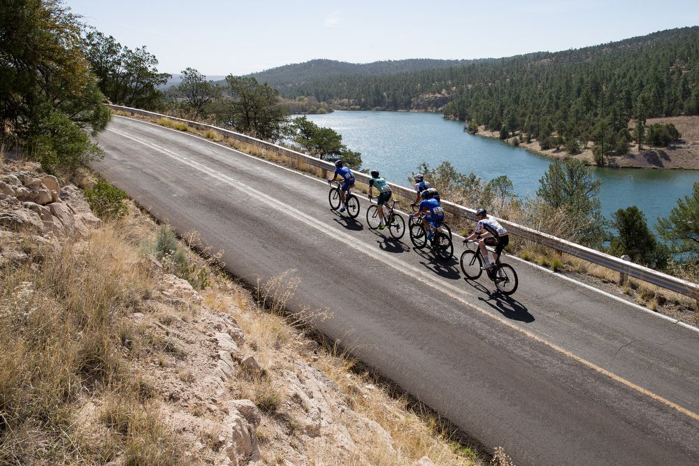 The breakaway passes a lake during stage 2 at Tour of the Gila