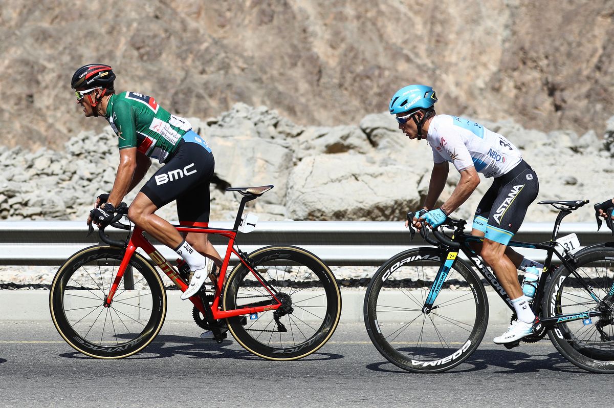 Astana's Miguel Angel Lopez on the wheel of Greg Van Avermaet (BMC)