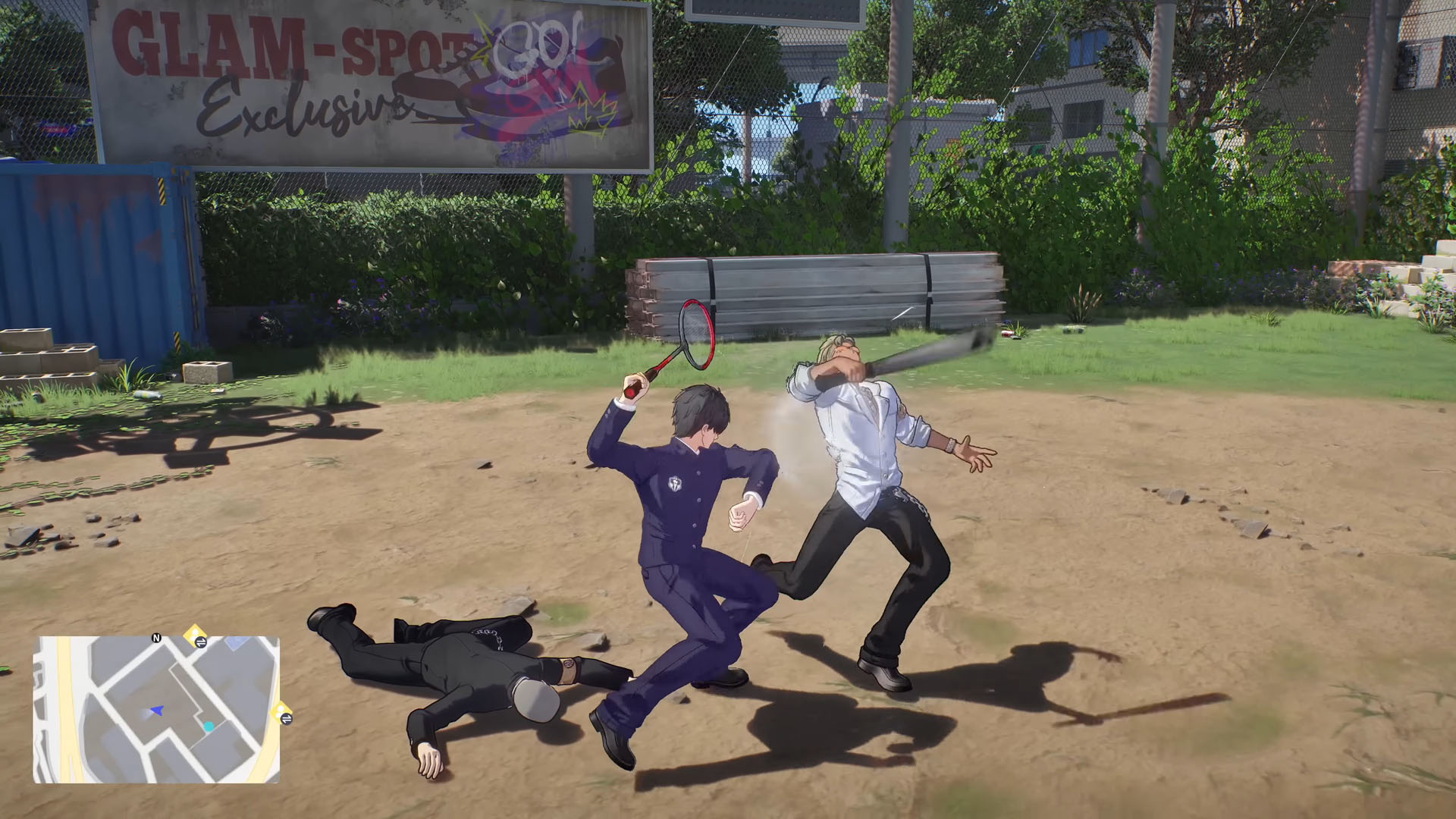 A character whacks an enemy wielding a baseball bat using a badminton racket in Ananta, from the PlayStation gameplay trailer