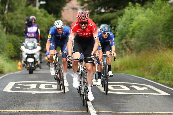 Picture by SWpix.com - 10/09/2021 - Cycling - AJ Bell Tour of Britain Stage 6 - Carlisle to Gateshead, England - Daniel McLay of Team Ark&Atilde;&copy;a Samsic at the front of the breakaway during stage six of the AJ Bell Tour of Britain