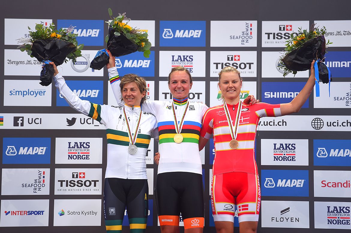 Katrin Garfoot (Australia), Chantal Blaak (Netherlands), and Amalie Dideriksen (Denmark) on the podium