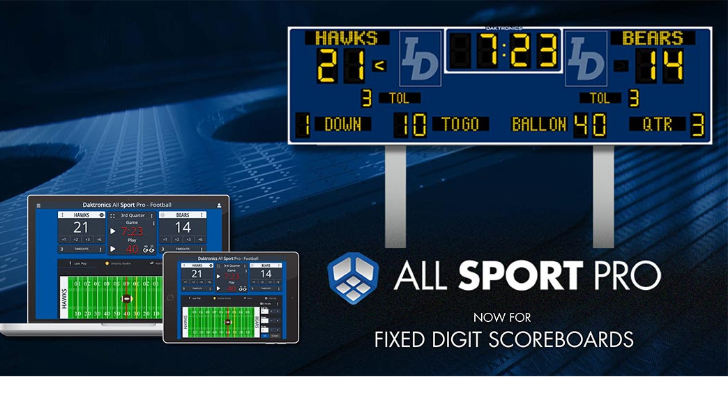 A scoreboard next to Daktronics All Sport Pro solution on a laptop and tablet. 