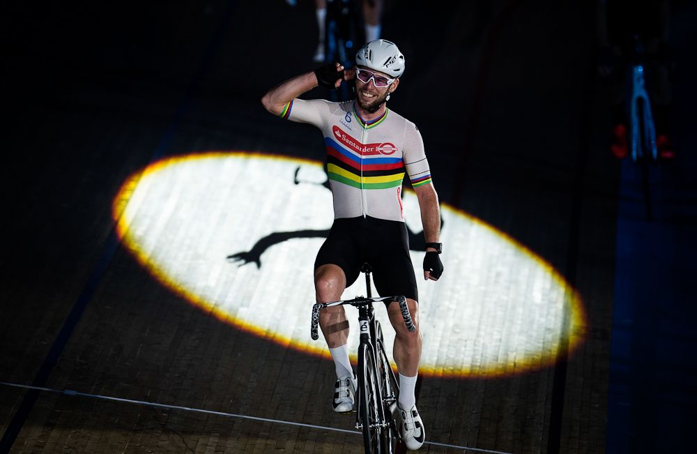 Mark Cavendish celebrates winning the team elimination during the Six Day London