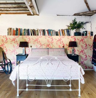 Georgian farmhouse bedroom with Hot Pink on Tea Stain wallpaper