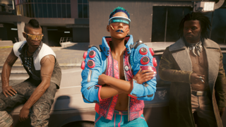 Cyberpunk 2077 character leaning against a car