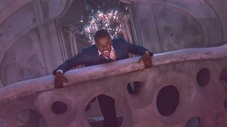 The 15th Doctor shouting as he plummets to the Earth on a balcony in Doctor Who season 2 episode 8