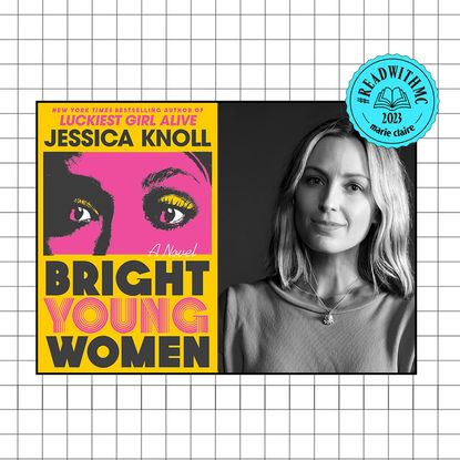 Split image Bright young woman book cover and jessica knoll headshot overlaid grid background with blue ReadWithMC stamp 