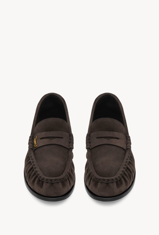 A picture of Saint Laurent's suede loafers, one of the best suede loafers to shop.