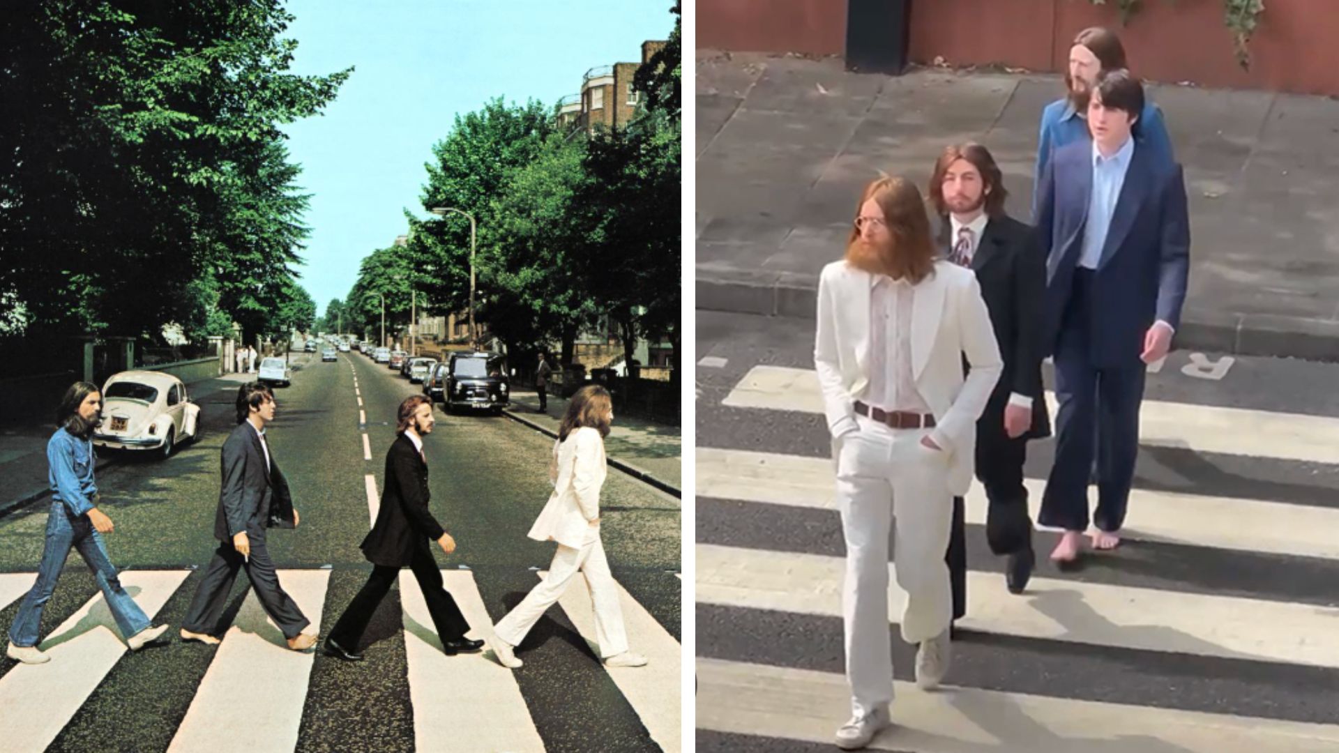an image of the original Beatles' Abbey Road album cover next to a fan-sourced image of the new Beatles cast filming at the same crossing in London