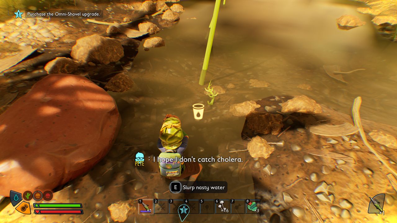 Grounded 2 water locations: A character kneeling down to drink dirty water from a puddle.