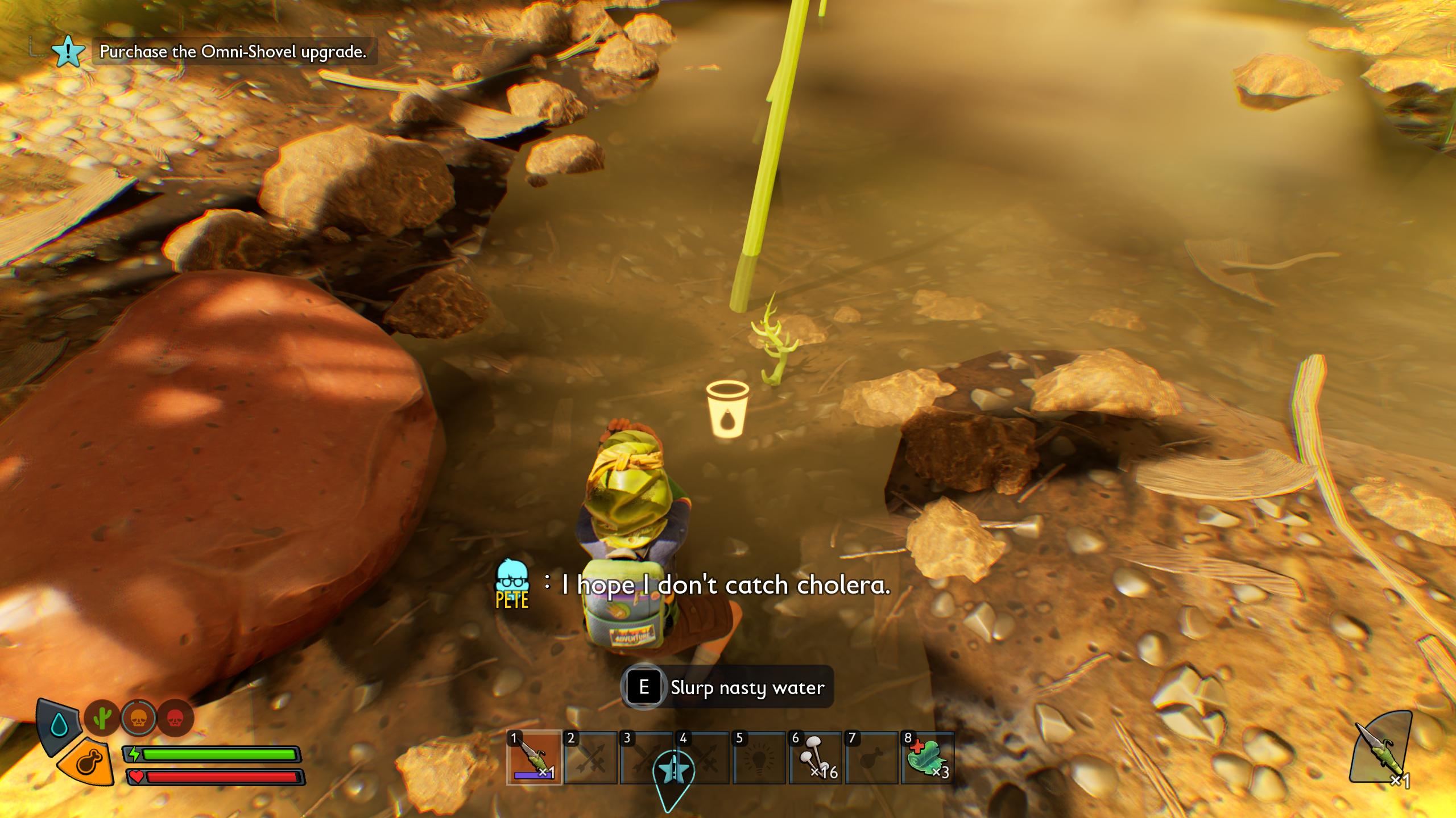 Grounded 2 water locations: A character kneeling down to drink dirty water from a puddle.